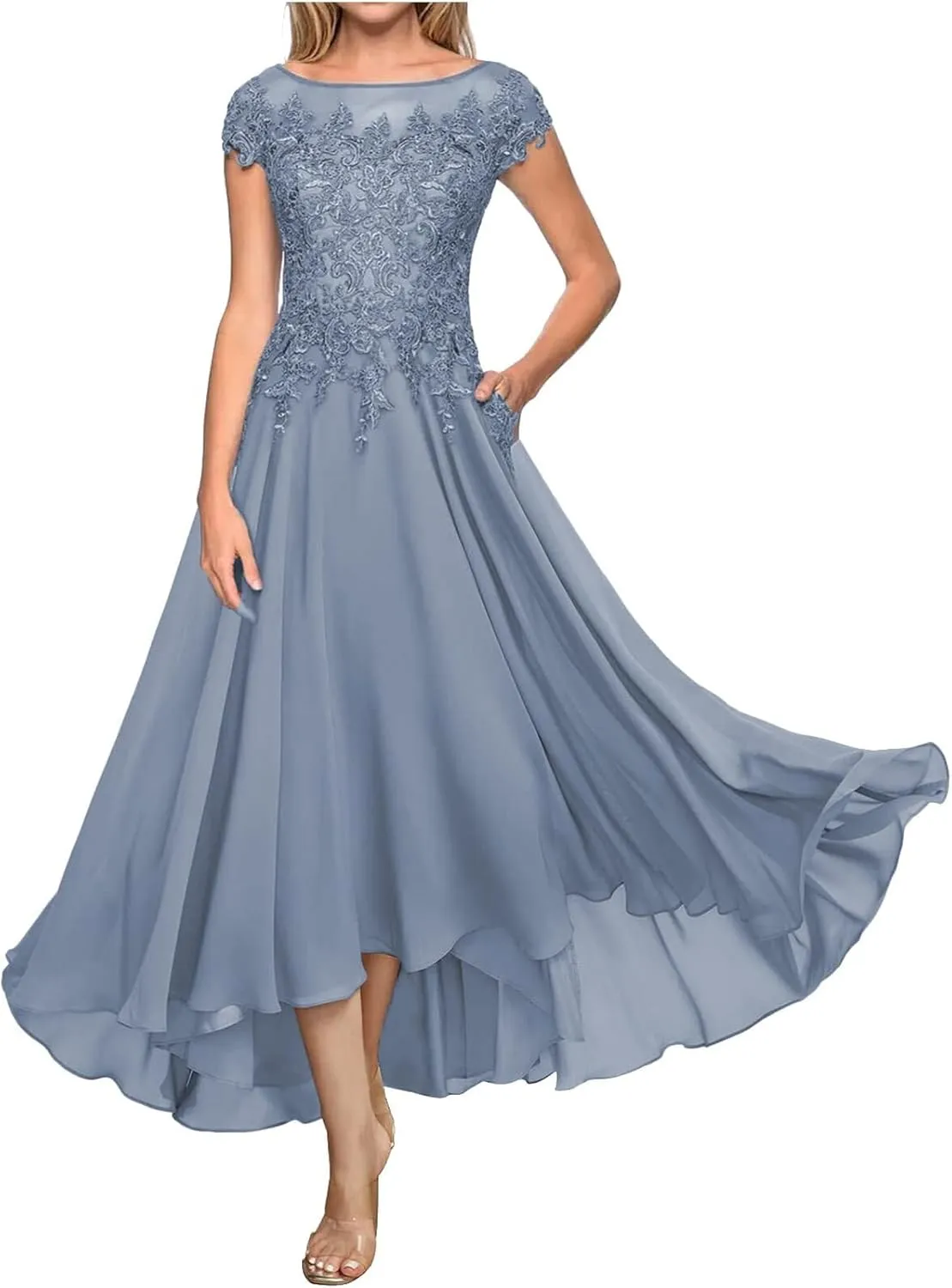 Lace Appliques Chiffon Mother of The Bride Dresses Tea Length Boat Neck A-Line Evening Gown Wedding Guest Formal Dress