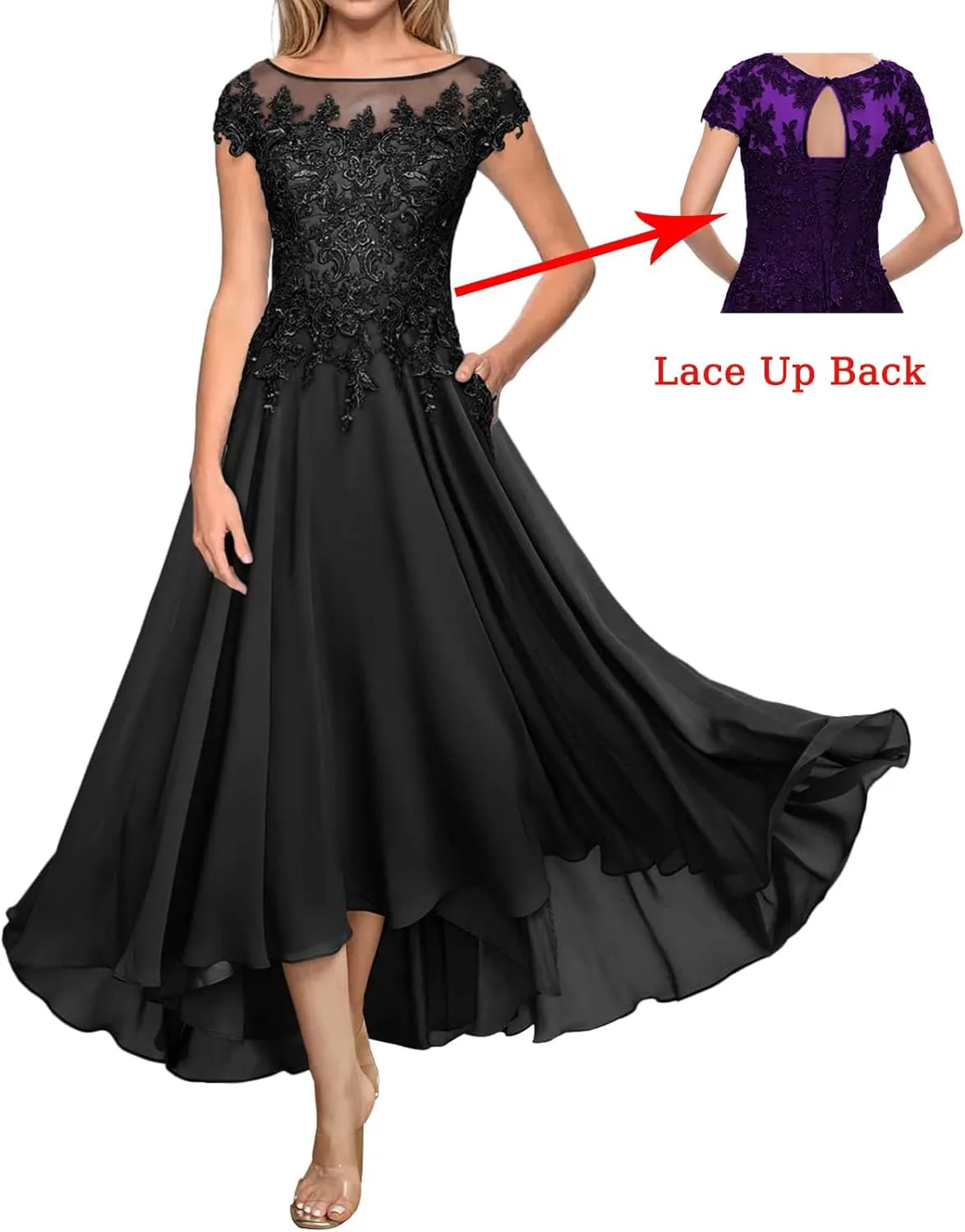Lace Appliques Chiffon Mother of The Bride Dresses Tea Length Boat Neck A-Line Evening Gown Wedding Guest Formal Dress