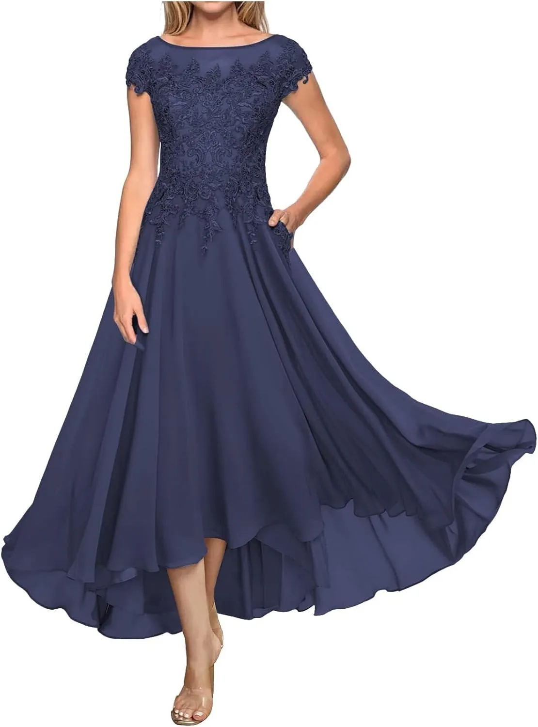 Lace Appliques Chiffon Mother of The Bride Dresses Tea Length Boat Neck A-Line Evening Gown Wedding Guest Formal Dress