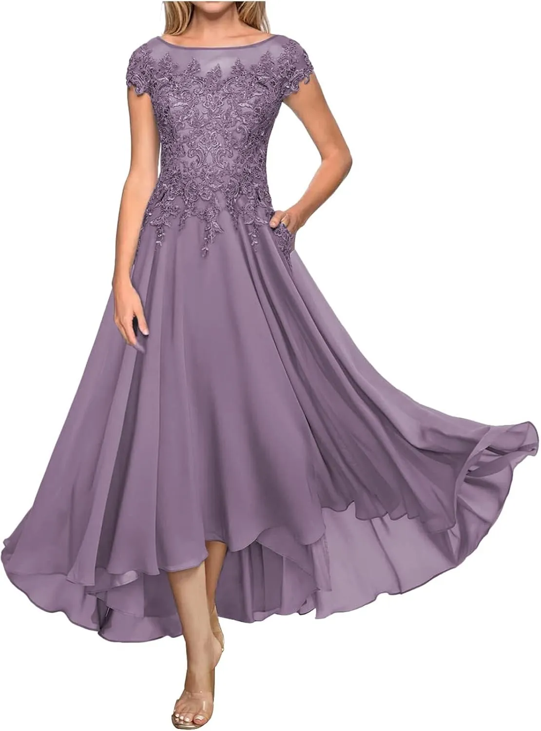 Lace Appliques Chiffon Mother of The Bride Dresses Tea Length Boat Neck A-Line Evening Gown Wedding Guest Formal Dress