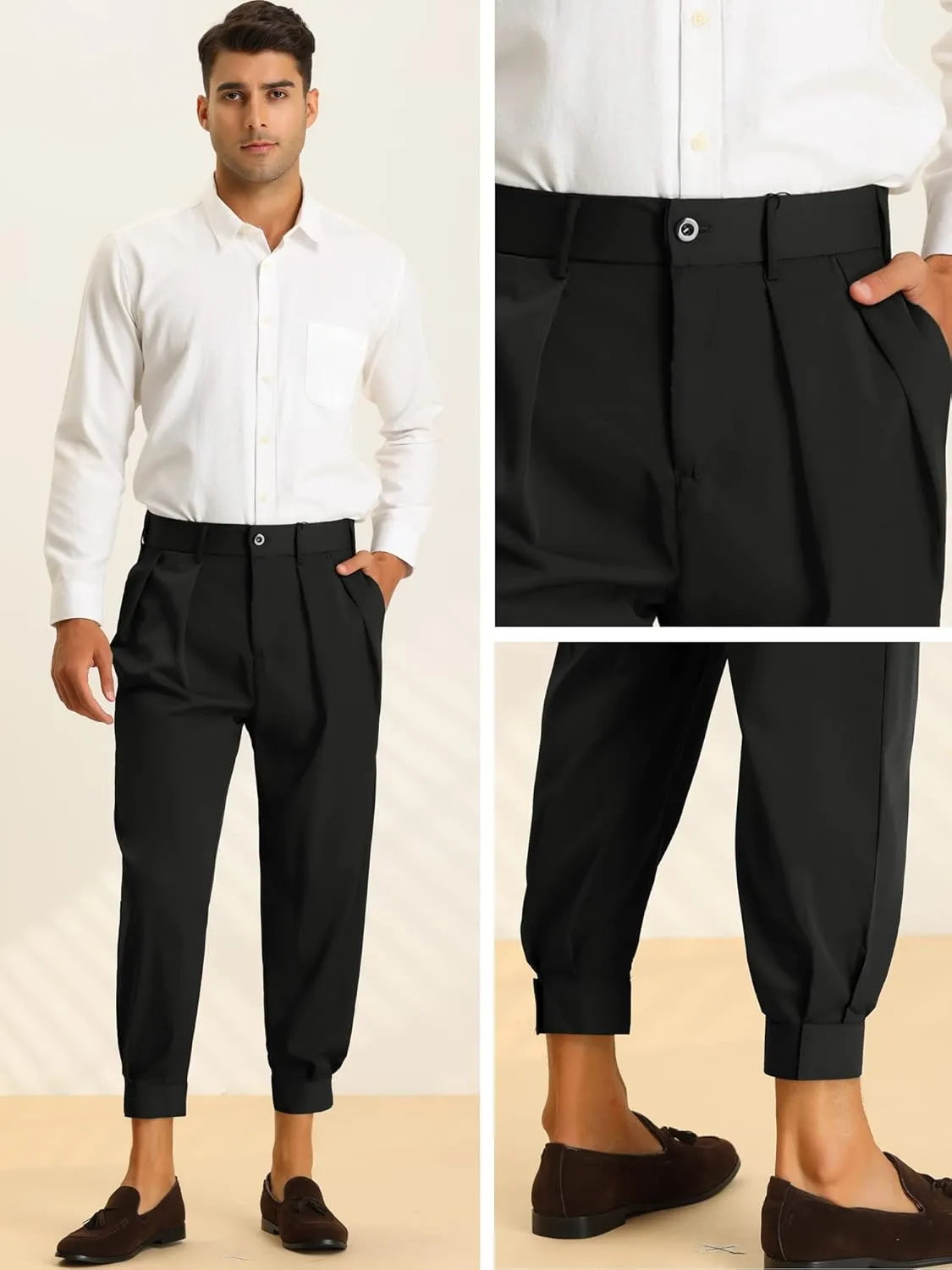 Lars Amadeus Cropped Formal Pants for Men's Solid Color Double Pleated Tapered Dress Pants