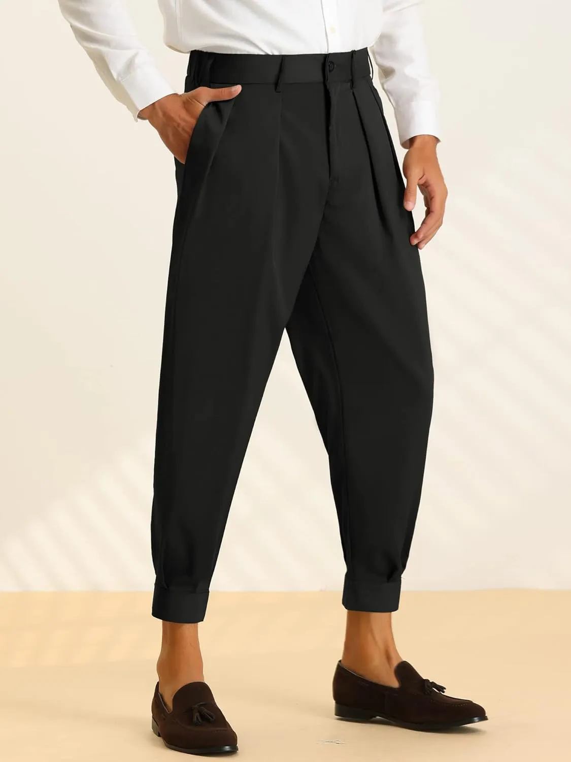 Lars Amadeus Cropped Formal Pants for Men's Solid Color Double Pleated Tapered Dress Pants