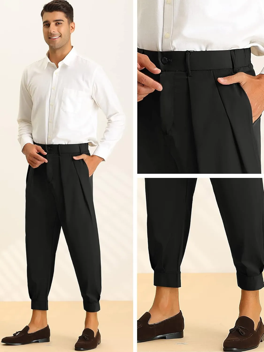Lars Amadeus Cropped Formal Pants for Men's Solid Color Double Pleated Tapered Dress Pants