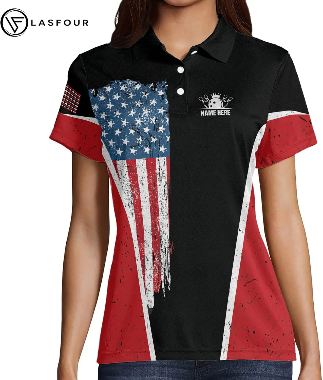 LASFOUR Personalized 3D Bowling Shirts for Women, Custom Quick-Dry Bowling Shirts Short Sleeve Polo for Girls