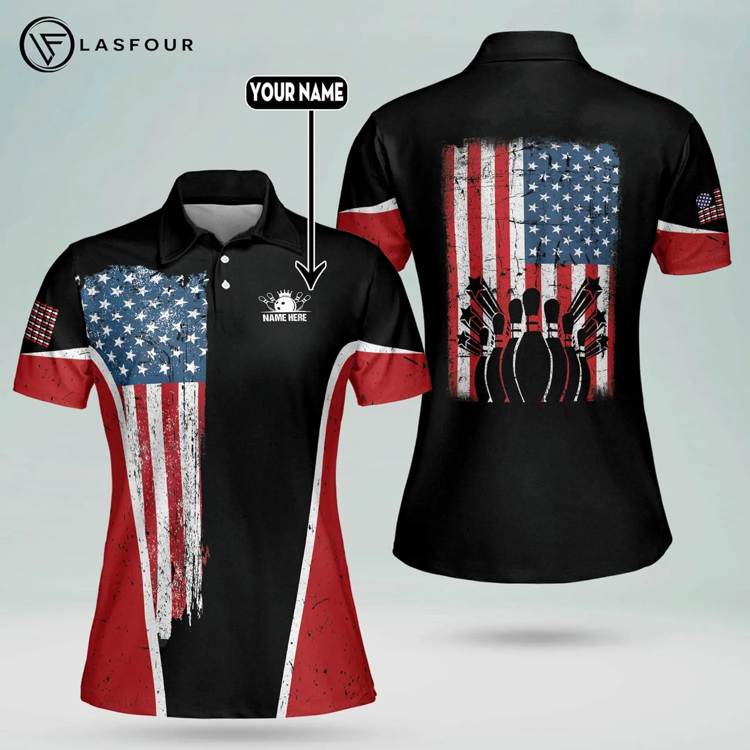 LASFOUR Personalized 3D Bowling Shirts for Women, Custom Quick-Dry Bowling Shirts Short Sleeve Polo for Girls
