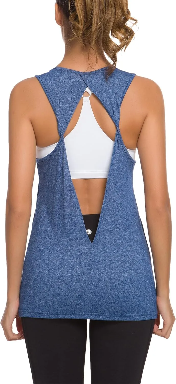 Laughido Womens Open Back Workout Tops Athletic Yoga Vests Backless Sleeveless Tank Tops