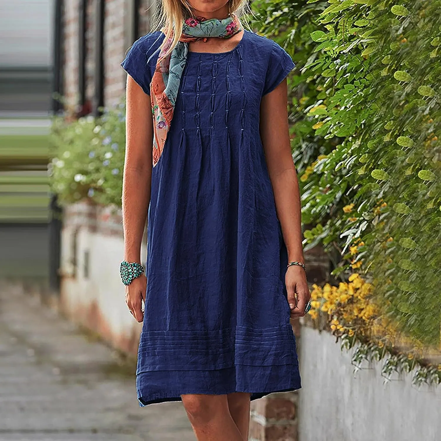 Linen Dress for Women Summer Loose Crewneck Solid Color Sundress Casual Short Sleeve Vacation Beach Pleated Dresses