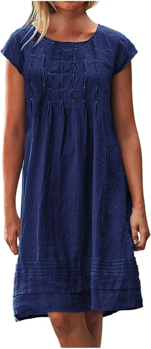 Linen Dress for Women Summer Loose Crewneck Solid Color Sundress Casual Short Sleeve Vacation Beach Pleated Dresses