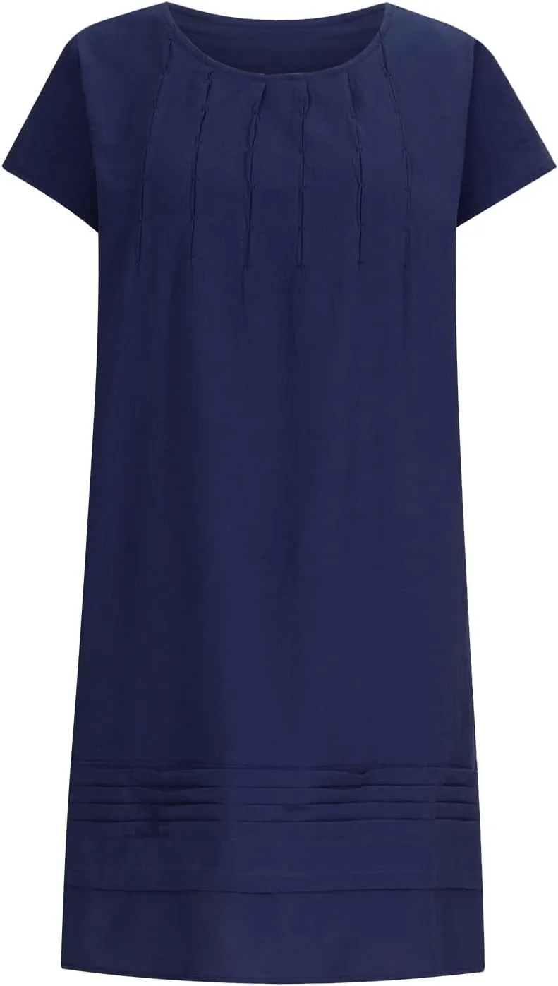 Linen Dress for Women Summer Loose Crewneck Solid Color Sundress Casual Short Sleeve Vacation Beach Pleated Dresses