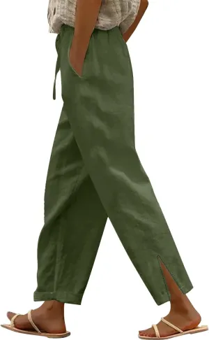 Linen Pants for Women 2025 Summer Elastic High Waist Split Hem Pants Casual Loose Fit Drawstring Trousers with Pocket