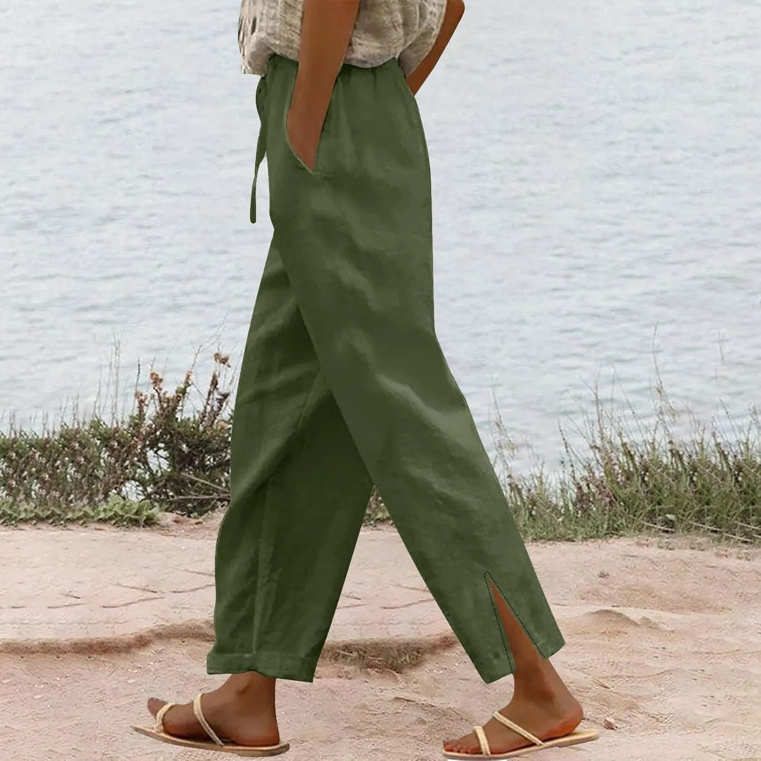 Linen Pants for Women 2025 Summer Elastic High Waist Split Hem Pants Casual Loose Fit Drawstring Trousers with Pocket