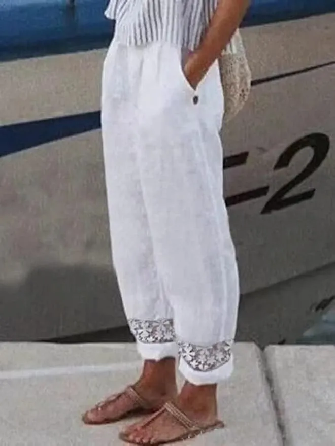 Linen Pants Women Straight Leg Summer Cotton Casual High Waist Elastic Linen Beach Pants
