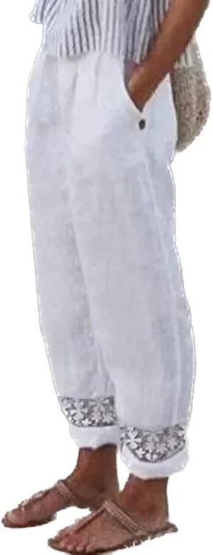 Linen Pants Women Straight Leg Summer Cotton Casual High Waist Elastic Linen Beach Pants