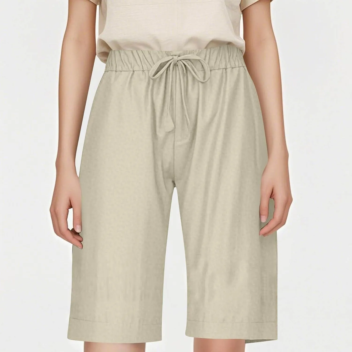 Linen Shorts for Women Trendy Summer Lightweight Long Shorts Drawstring High Waist Knee Length Beach Pants w/Pockets