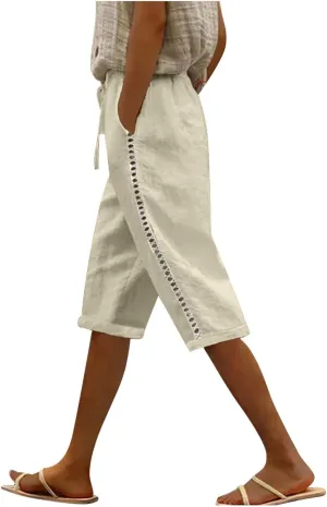Linen Shorts for Women Trendy Summer Lightweight Long Shorts Drawstring High Waist Knee Length Beach Pants w/Pockets