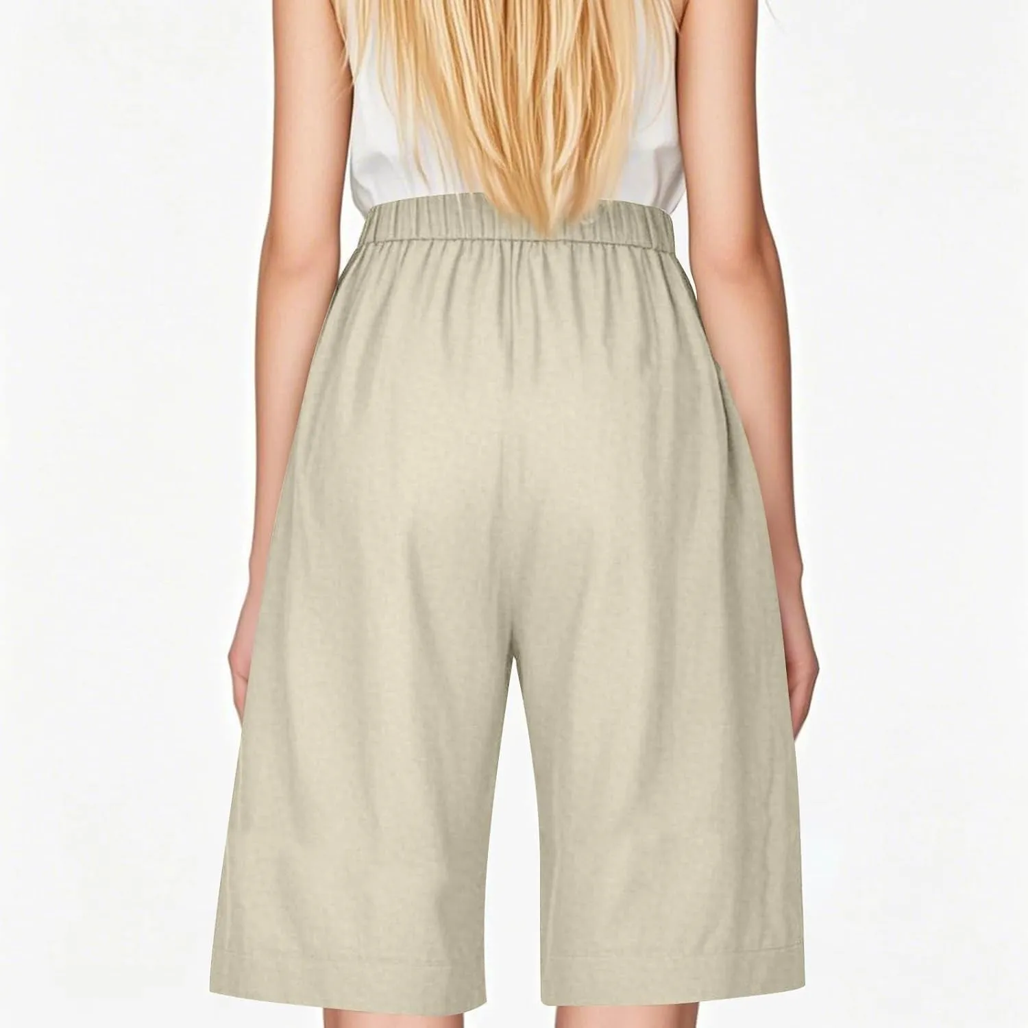 Linen Shorts for Women Trendy Summer Lightweight Long Shorts Drawstring High Waist Knee Length Beach Pants w/Pockets