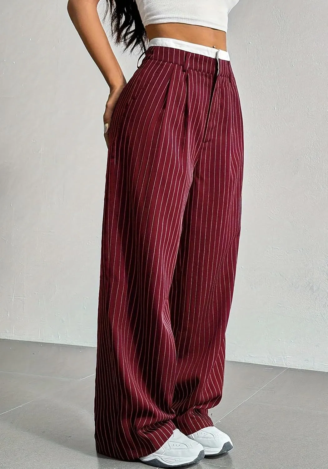 LKOUS Dress Pants Women High Waist,Casual Work Wide Leg Pant Striped Straight Trousers with Pockets