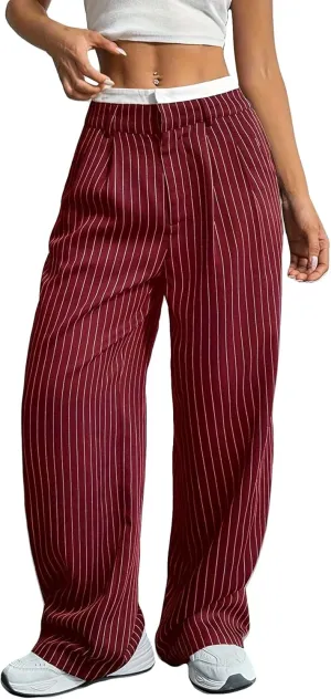 LKOUS Dress Pants Women High Waist,Casual Work Wide Leg Pant Striped Straight Trousers with Pockets