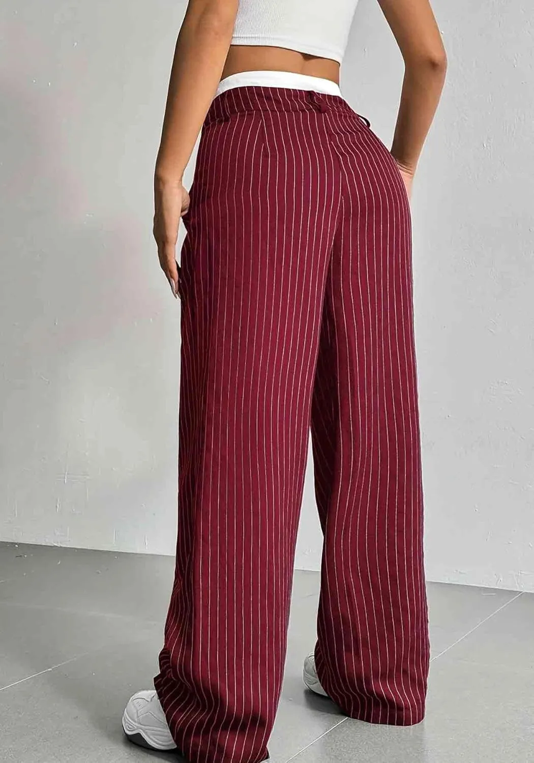 LKOUS Dress Pants Women High Waist,Casual Work Wide Leg Pant Striped Straight Trousers with Pockets