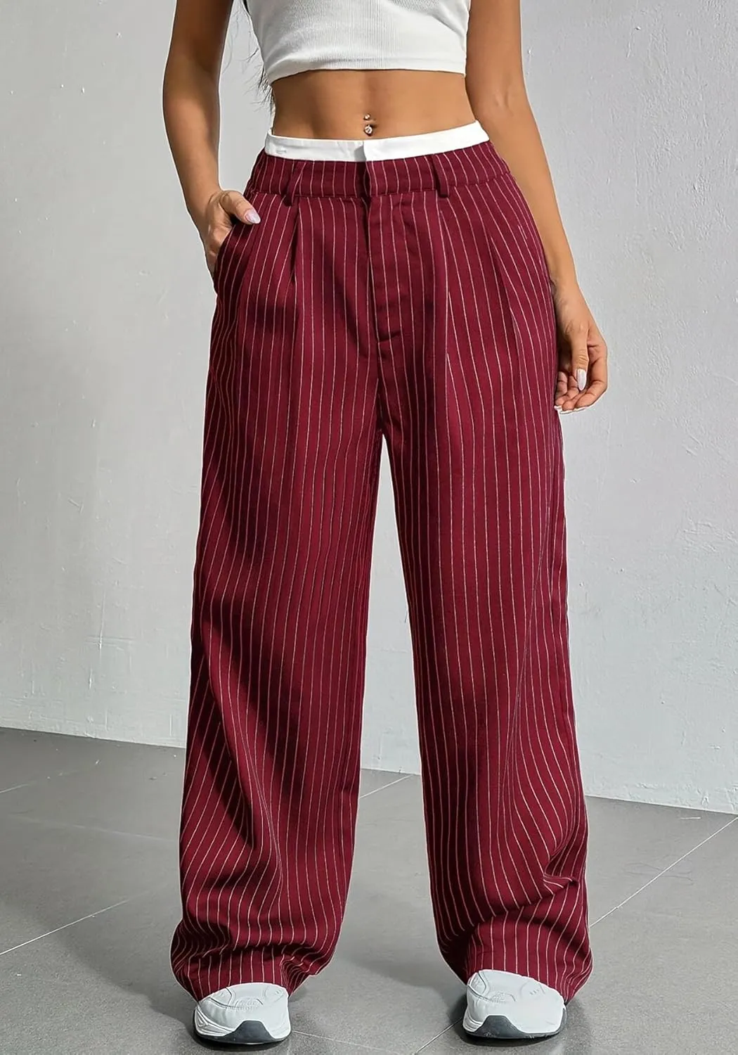 LKOUS Dress Pants Women High Waist,Casual Work Wide Leg Pant Striped Straight Trousers with Pockets