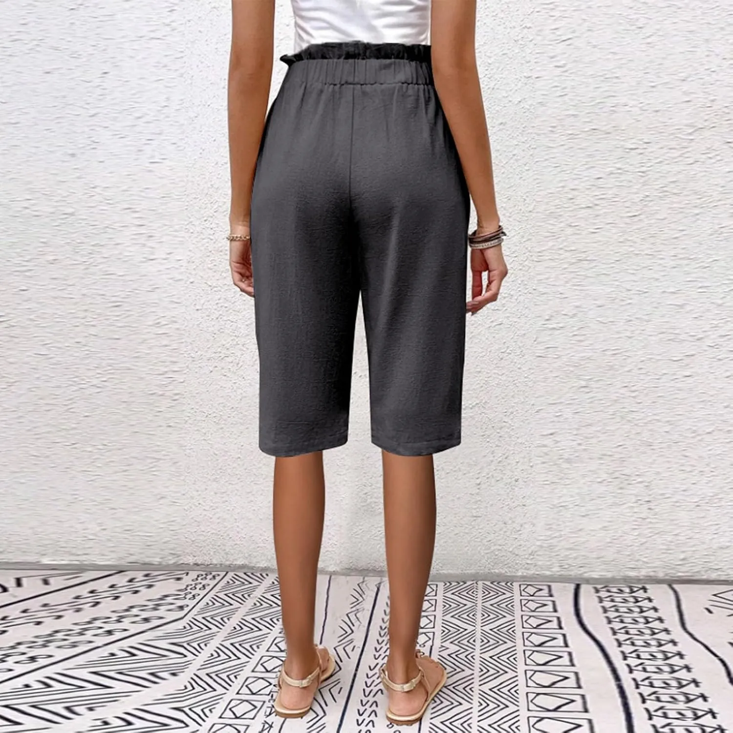 Lmdudan 2025 Cotton Linen Bermuda Shorts for Women High Waisted Trendy Pockets Short Pants Casual Summer Button Shorts