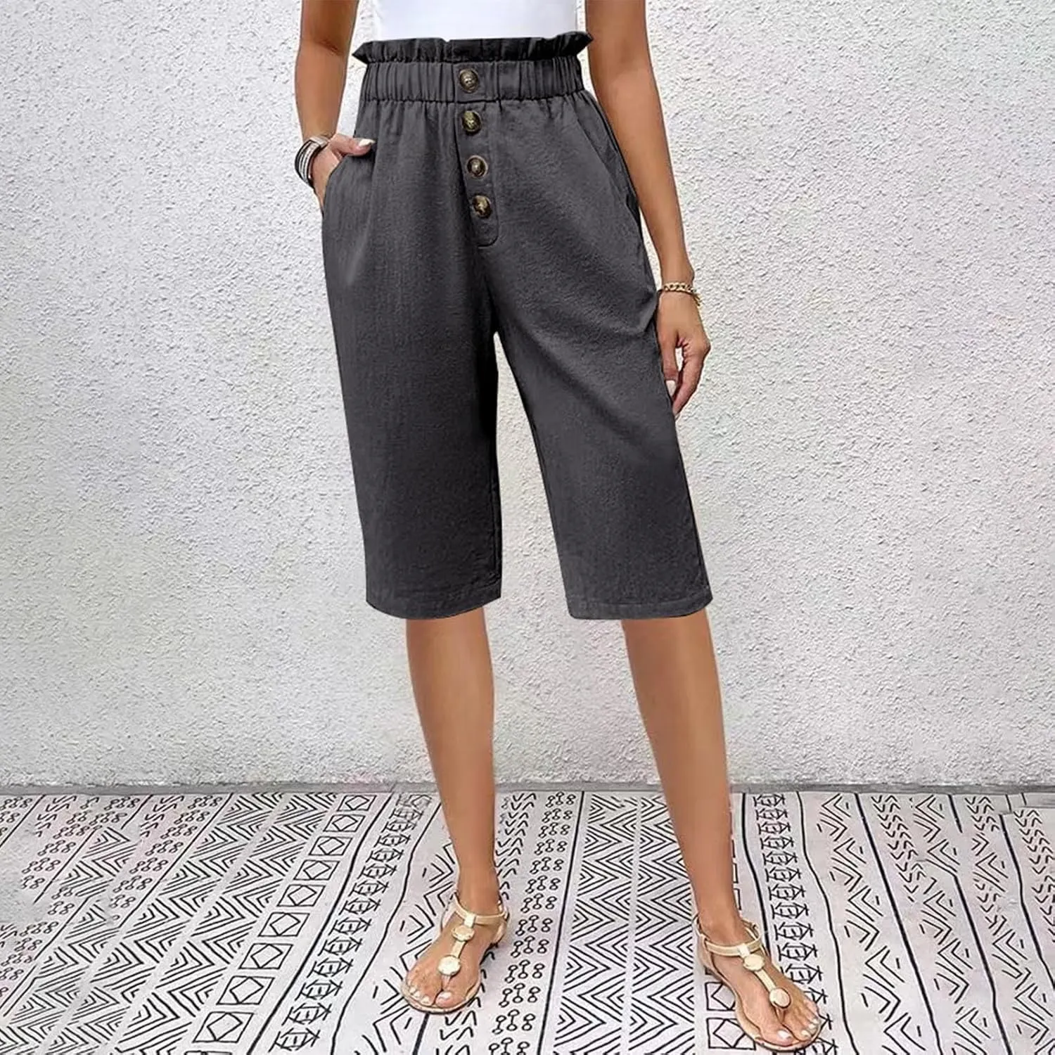 Lmdudan 2025 Cotton Linen Bermuda Shorts for Women High Waisted Trendy Pockets Short Pants Casual Summer Button Shorts
