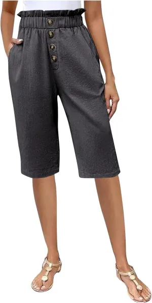 Lmdudan 2025 Cotton Linen Bermuda Shorts for Women High Waisted Trendy Pockets Short Pants Casual Summer Button Shorts