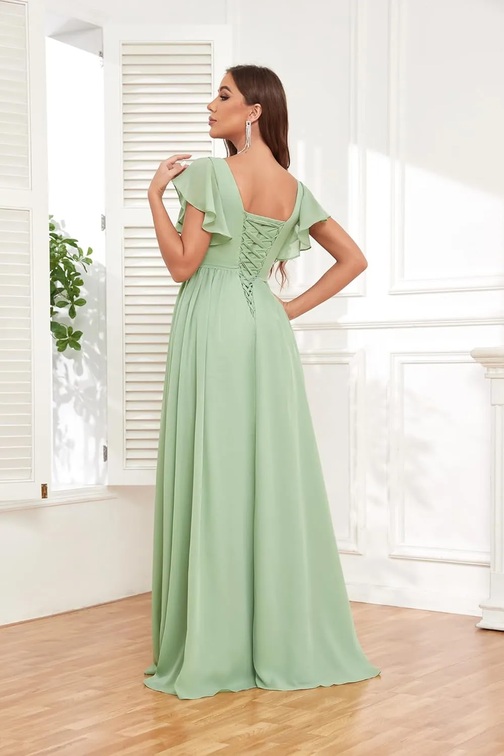 Long Bridesmaid Dresses for Women V Neck Short Sleeve Leg Slit A Line Corset Back Chiffon Maid of Honor Dress