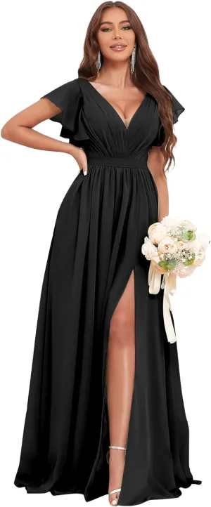 Long Bridesmaid Dresses for Women V Neck Short Sleeve Leg Slit A Line Corset Back Chiffon Maid of Honor Dress