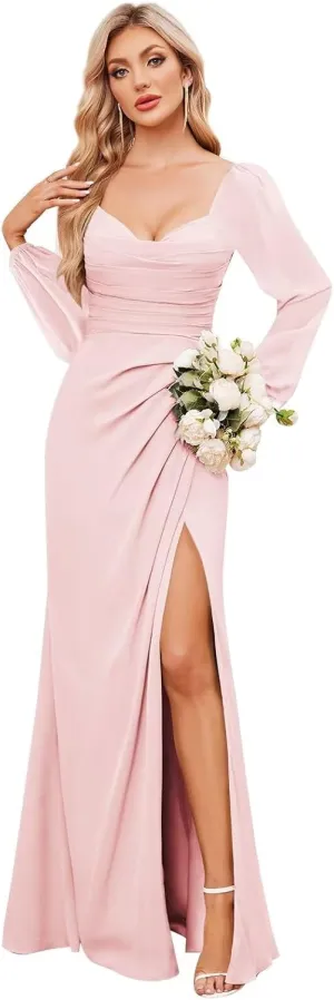 Long Sleeve Bridesmaid Dresses for Women Long Mermaid Chiffon Formal Dress Evening Gown with Slit