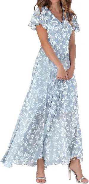 Long Spring Dresses for Women 2025, Floral Chiffon Dress, Casual V Neck Maxi Dress, Short Sleeve Ruffle Party Dress