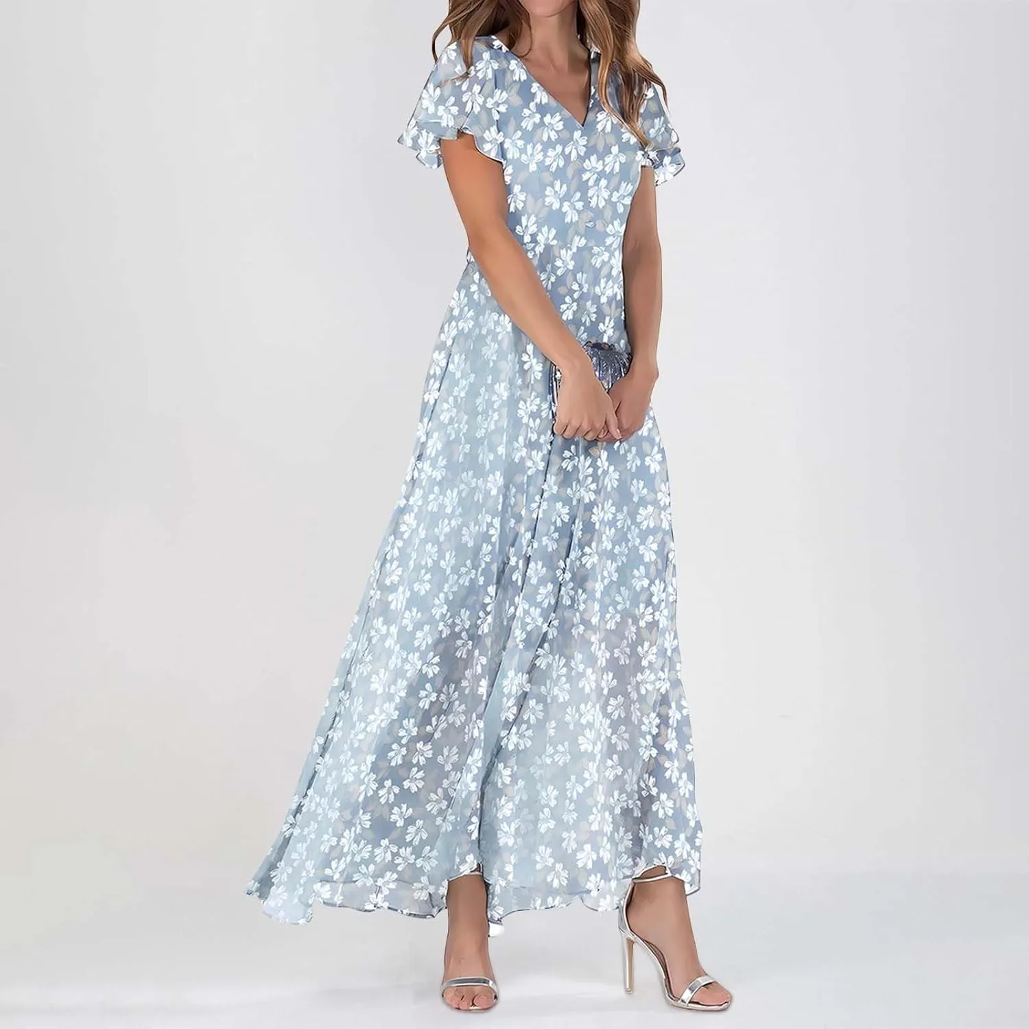 Long Spring Dresses for Women 2025, Floral Chiffon Dress, Casual V Neck Maxi Dress, Short Sleeve Ruffle Party Dress