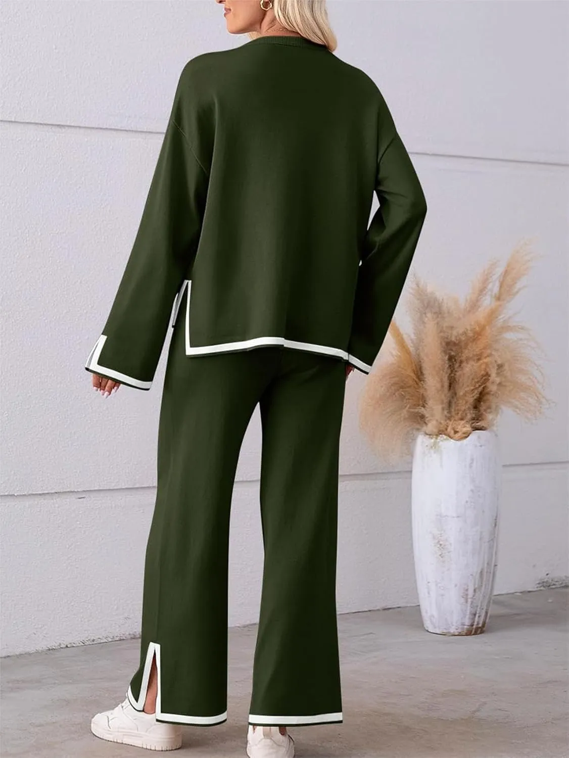 Lounge Sets for Women 2 Piece Knit Sets Long Sleeve Shirts and Wide Leg Pants Matching Trendy Casual Outfits 2025