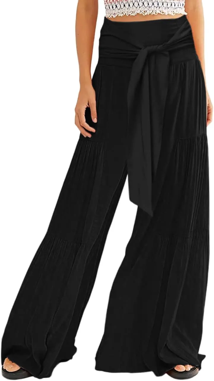 Lrady Women Wide Leg Palazzo Lounge Pants Printed Beach Summer Boho Tie-Waist Bell Bottoms Trousers