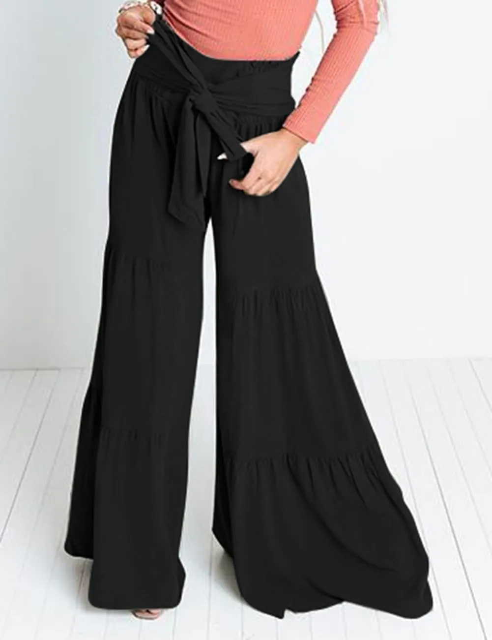 Lrady Women Wide Leg Palazzo Lounge Pants Printed Beach Summer Boho Tie-Waist Bell Bottoms Trousers