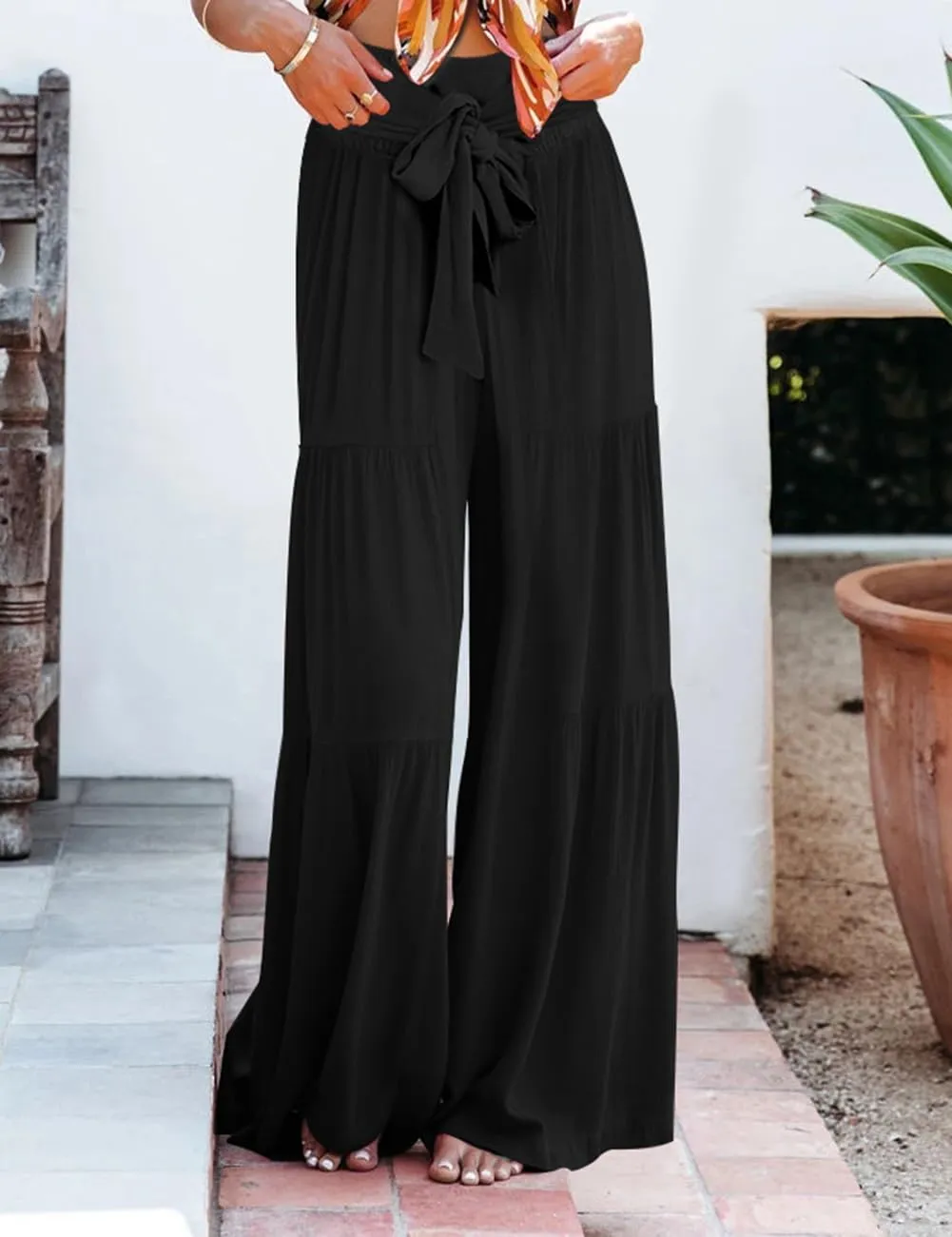 Lrady Women Wide Leg Palazzo Lounge Pants Printed Beach Summer Boho Tie-Waist Bell Bottoms Trousers