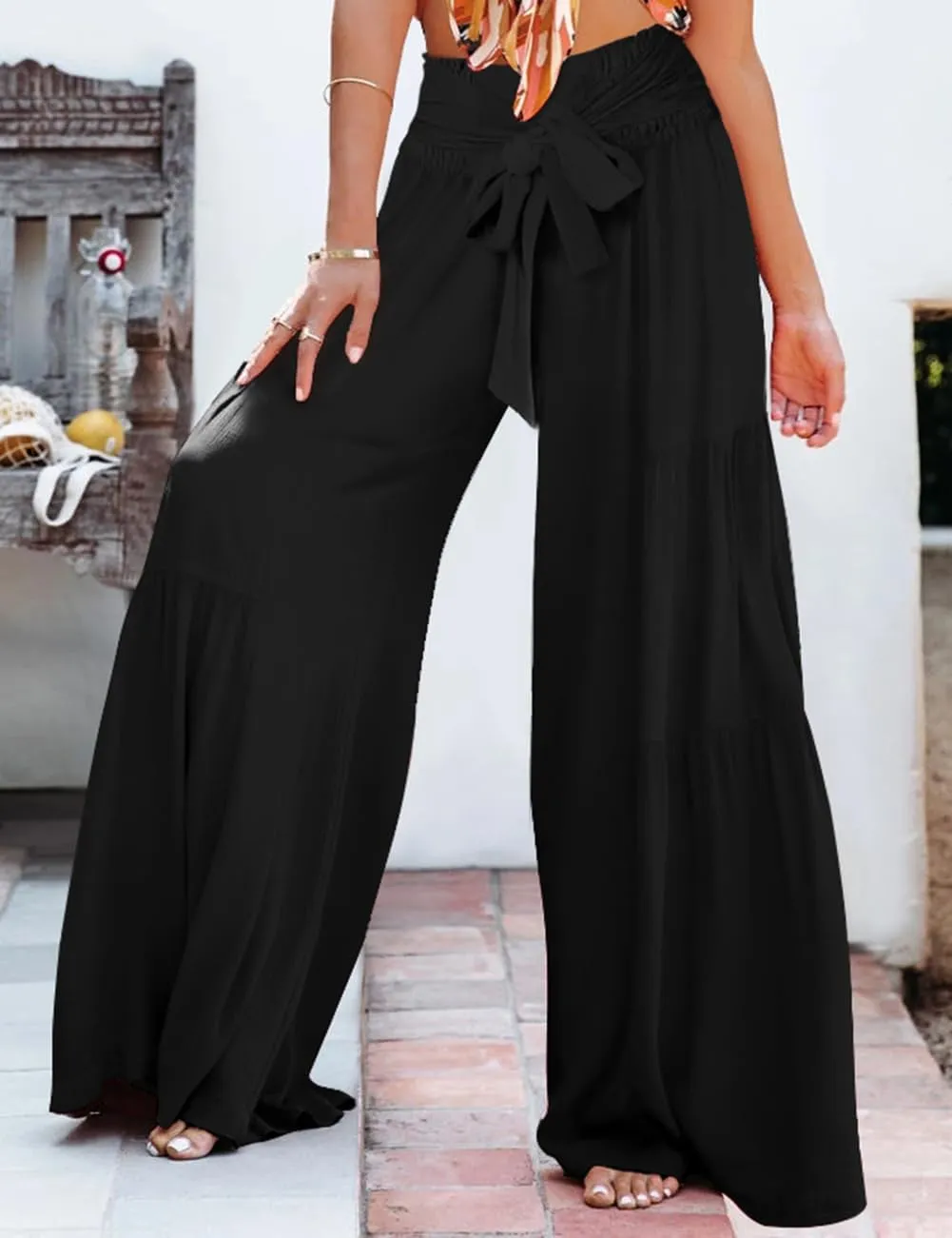 Lrady Women Wide Leg Palazzo Lounge Pants Printed Beach Summer Boho Tie-Waist Bell Bottoms Trousers