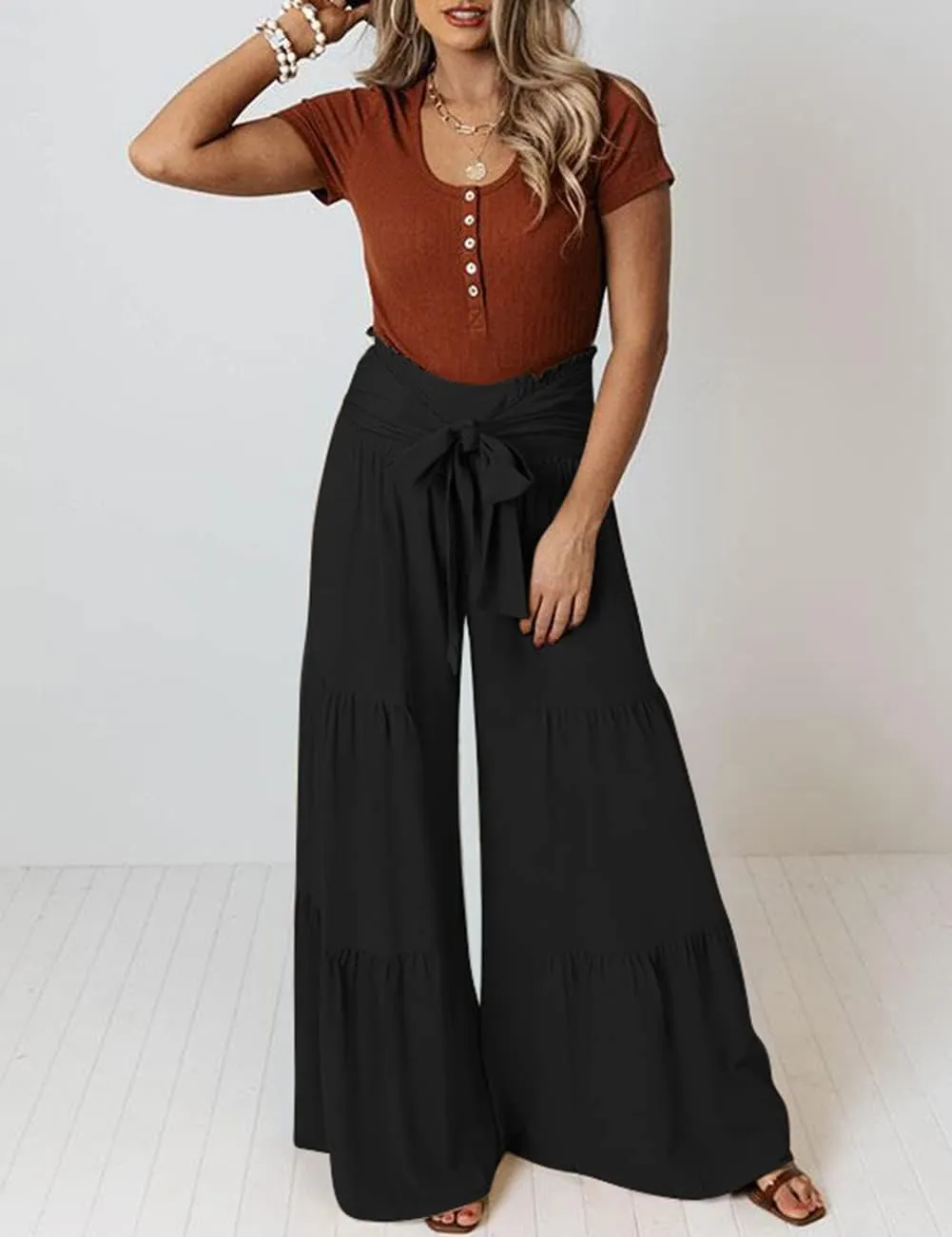 Lrady Women Wide Leg Palazzo Lounge Pants Printed Beach Summer Boho Tie-Waist Bell Bottoms Trousers