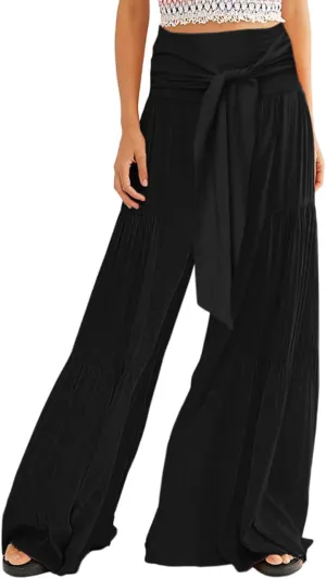 Lrady Women Wide Leg Palazzo Lounge Pants Printed Beach Summer Boho Tie-Waist Bell Bottoms Trousers