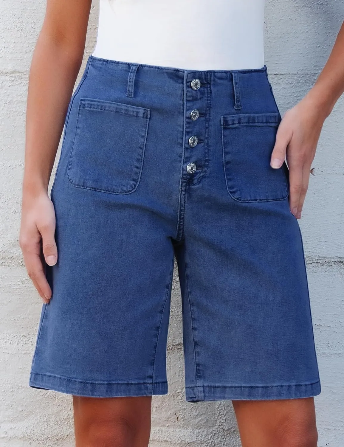 luvamia Bermuda Shorts for Women Jean High Waisted Trendy Patch Pockets Casual Summer Button Fly Stretchy Denim Shorts