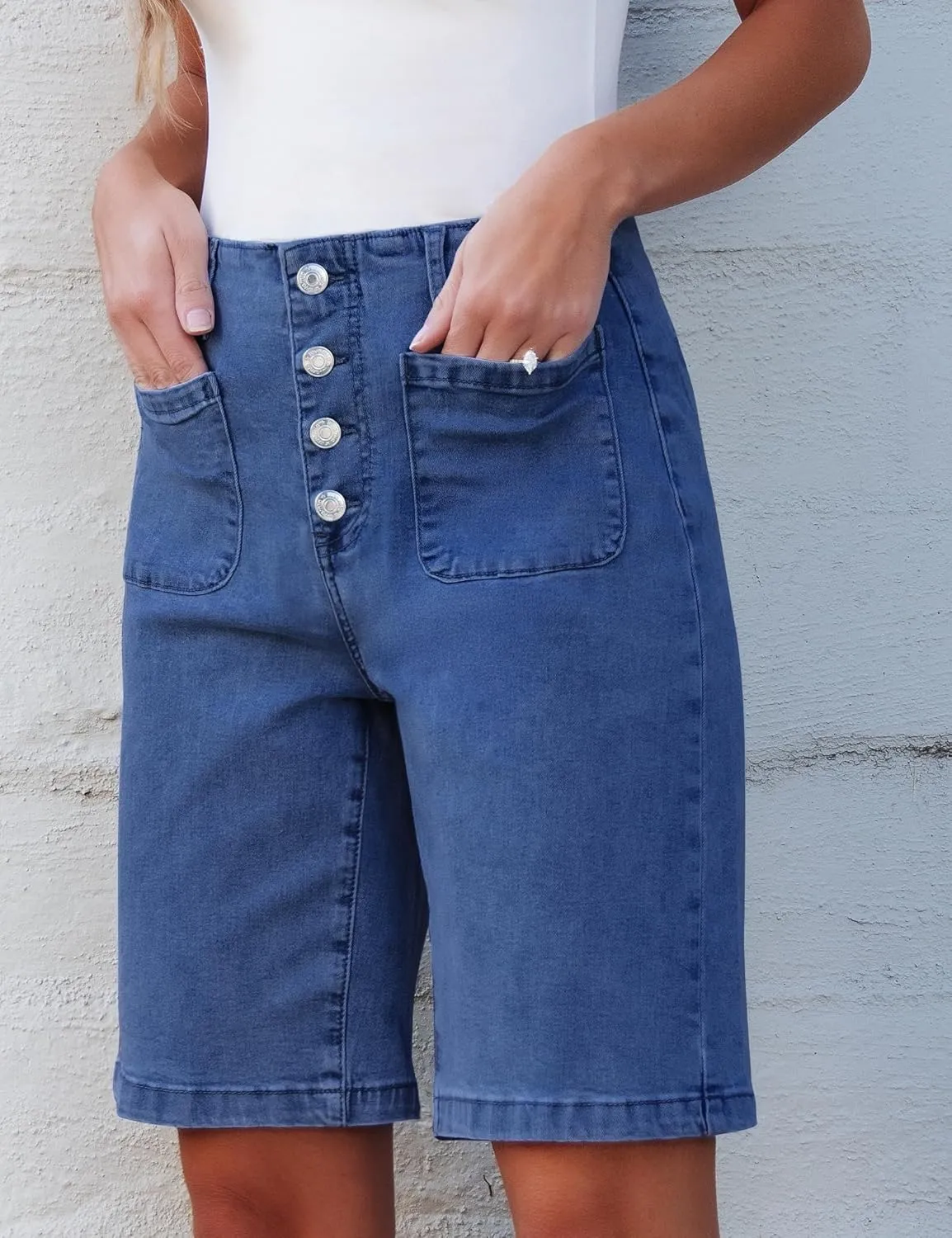 luvamia Bermuda Shorts for Women Jean High Waisted Trendy Patch Pockets Casual Summer Button Fly Stretchy Denim Shorts