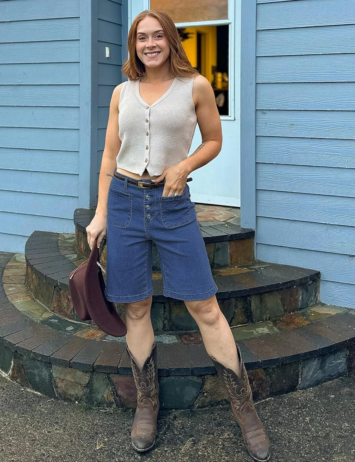 luvamia Bermuda Shorts for Women Jean High Waisted Trendy Patch Pockets Casual Summer Button Fly Stretchy Denim Shorts
