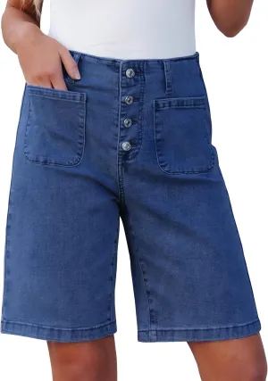 luvamia Bermuda Shorts for Women Jean High Waisted Trendy Patch Pockets Casual Summer Button Fly Stretchy Denim Shorts