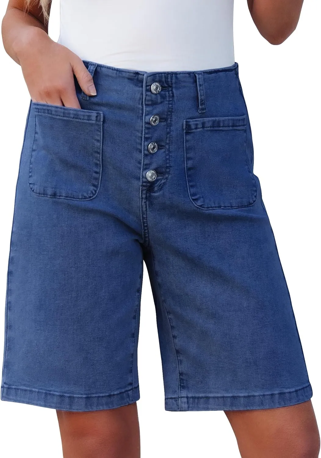 luvamia Bermuda Shorts for Women Jean High Waisted Trendy Patch Pockets Casual Summer Button Fly Stretchy Denim Shorts