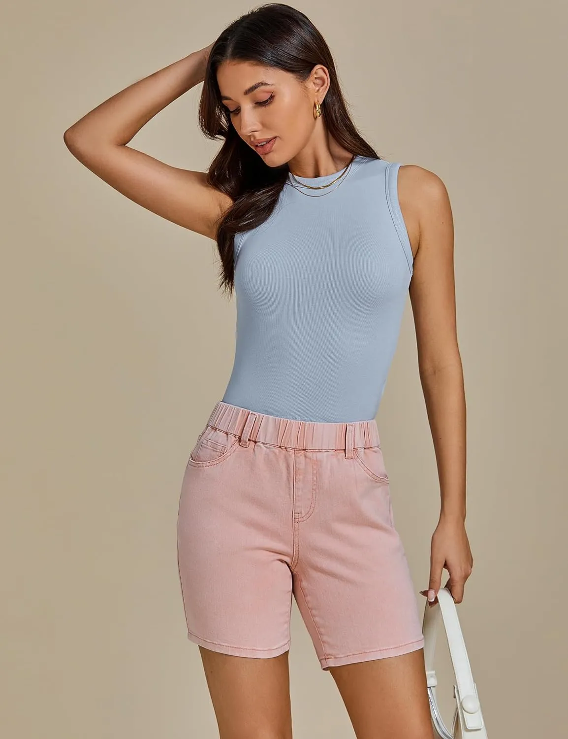 luvamia Jean Shorts for Women Trendy Pull On Mid Rise Elastic Waist Summer Casual Stretchy Long Denim Walking Shorts