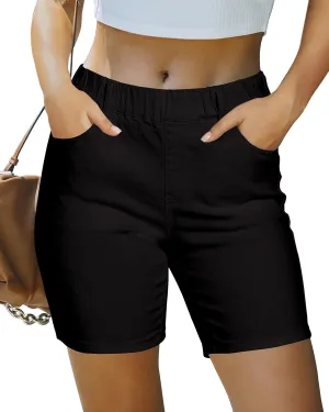 luvamia Jean Shorts for Women Trendy Pull On Mid Rise Elastic Waist Summer Casual Stretchy Long Denim Walking Shorts