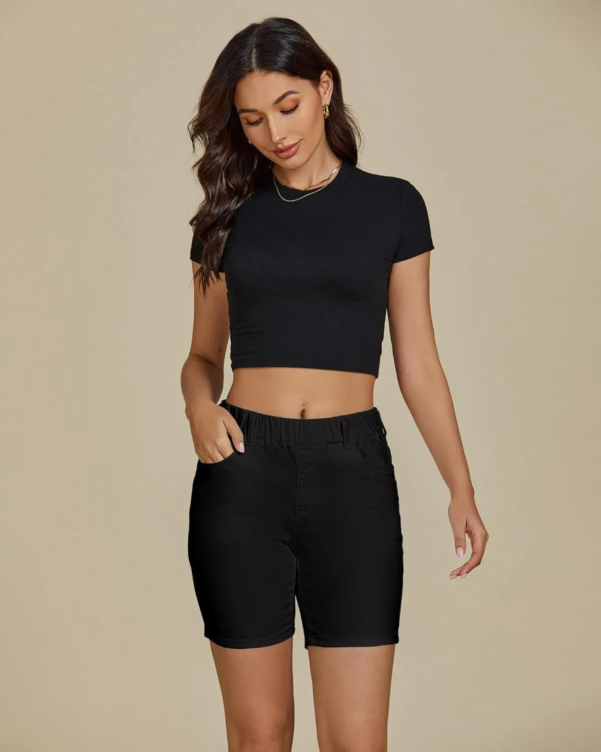 luvamia Jean Shorts for Women Trendy Pull On Mid Rise Elastic Waist Summer Casual Stretchy Long Denim Walking Shorts