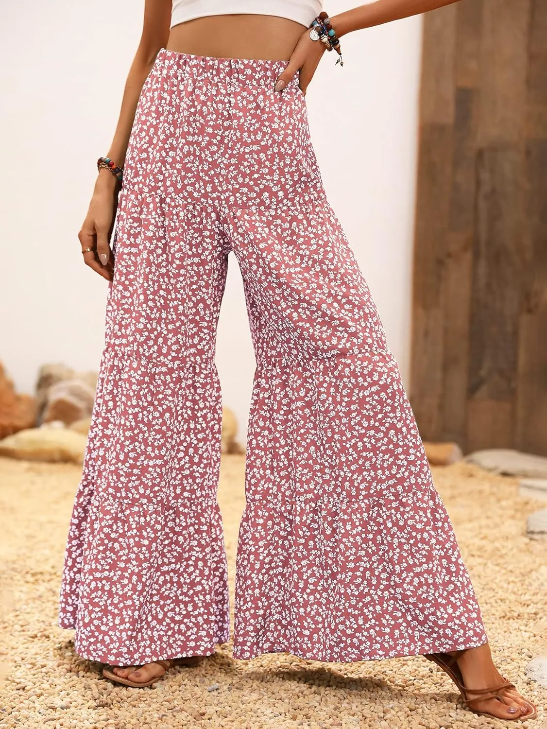 MakeMeChic Women's Floral High Waisted Ruffle Wide Leg Pants Boho Summer Beach Palazzo Pants