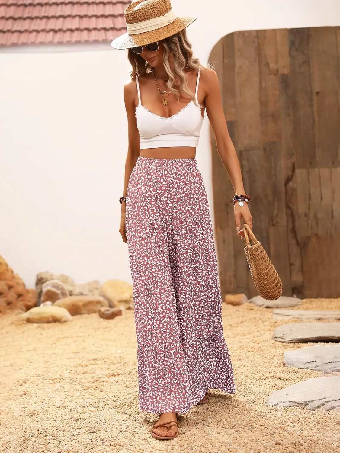 MakeMeChic Women's Floral High Waisted Ruffle Wide Leg Pants Boho Summer Beach Palazzo Pants