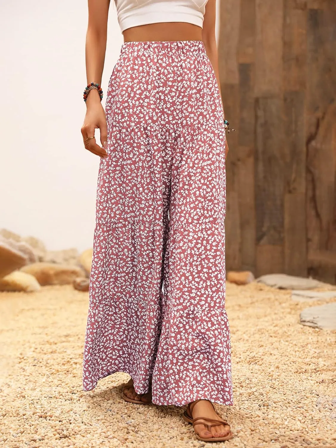 MakeMeChic Women's Floral High Waisted Ruffle Wide Leg Pants Boho Summer Beach Palazzo Pants